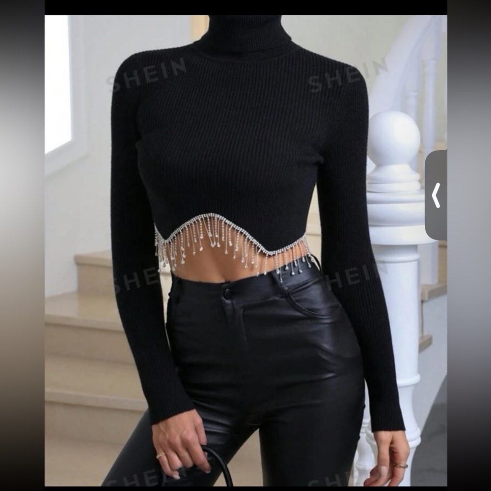 SHEIN Elegant Black Crop Top with Beaded rhinestones